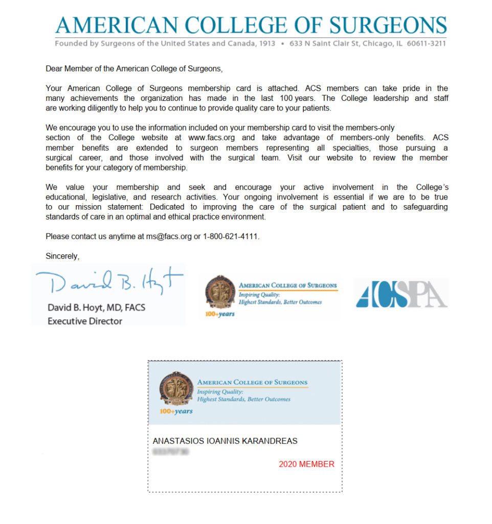 Τιμητική Διάκριση από το Αμερικανικό Κολλέγιο Χειρουργών (ACS)